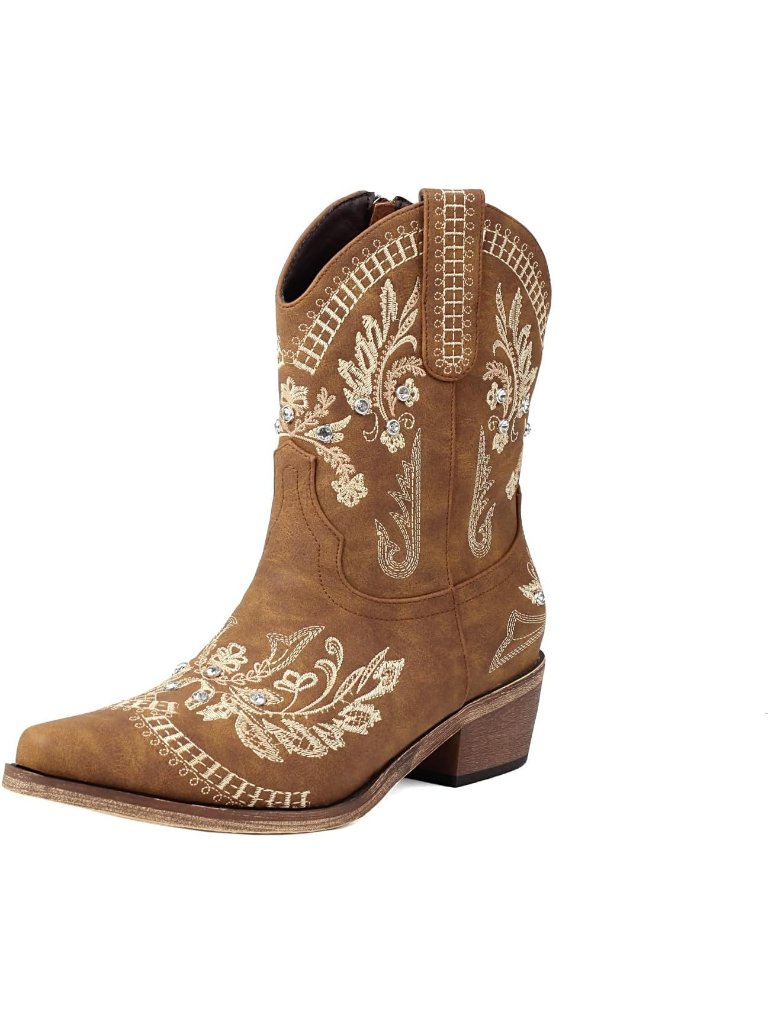 Women's Tan Western Ankle Pointed Toe Cowgirl Boots With Sparkly Rhinestone